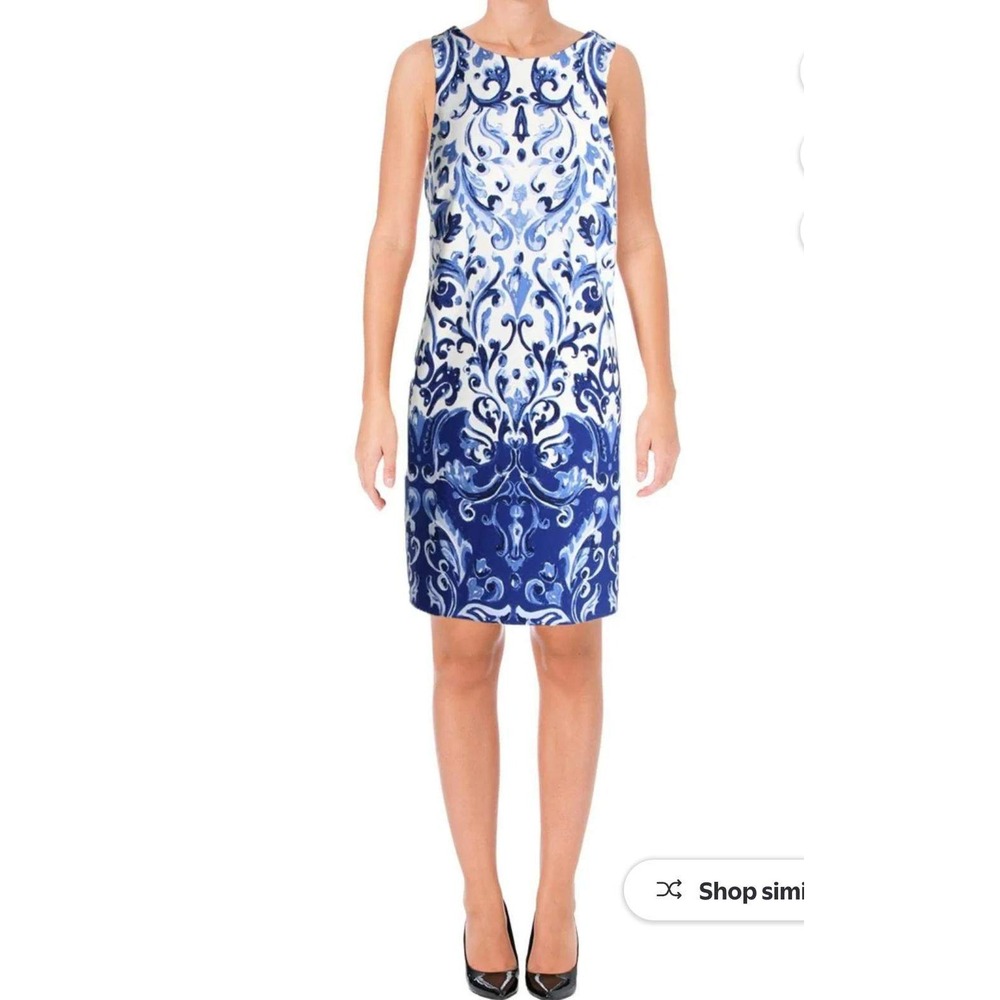 Lauren‎ Ralph Lauren Blue White Damask Scroll Sheath Dress Womens 4 Sleeveless